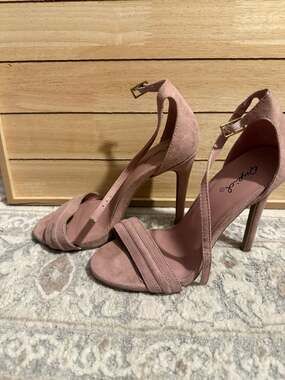 Qupid Mauve Pink Faux Suede Stiletto Ankle Strap Heel Sandals